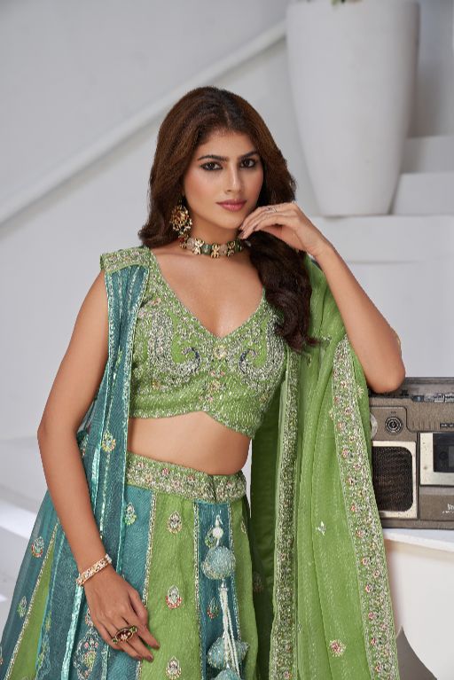 Vibrant Dual Tone Green & Turquoise Lehenga with Double Dupattas for Weddings