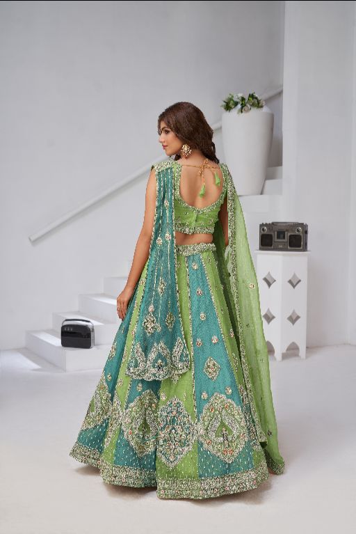 Vibrant Dual Tone Green & Turquoise Lehenga with Double Dupattas for Weddings