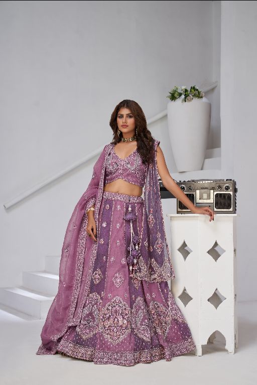 Festive Glam Mauve and Dark Purple Double Dupatta Lehenga with Layered Dupattas