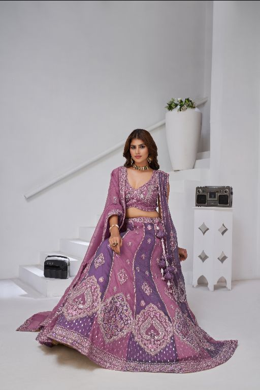 Festive Glam Mauve and Dark Purple Double Dupatta Lehenga with Layered Dupattas