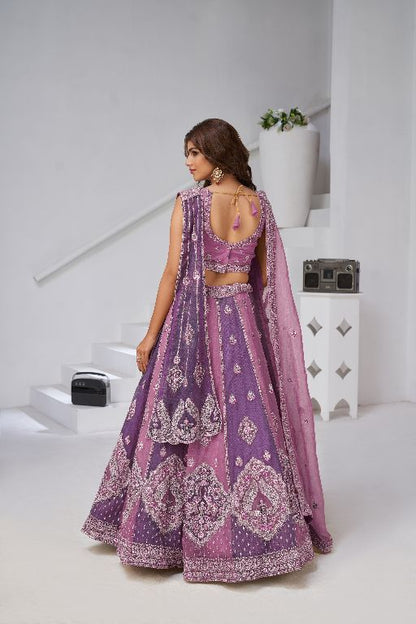 Festive Glam Mauve and Dark Purple Double Dupatta Lehenga with Layered Dupattas
