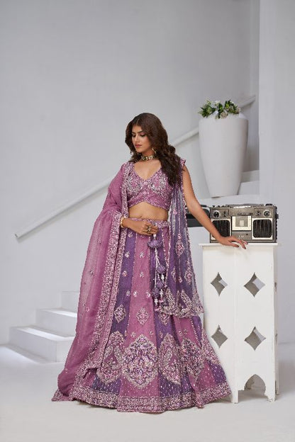 Festive Glam Mauve and Dark Purple Double Dupatta Lehenga with Layered Dupattas