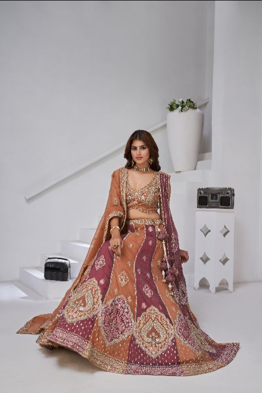 Two Shades of Elegance – Rust & Dark Rust Double Dupatta Lehenga