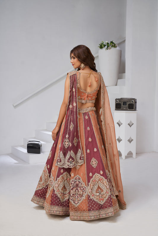 Two Shades of Elegance – Rust & Dark Rust Double Dupatta Lehenga