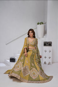 Mustard & Green Double Dupatta Lehenga with Intricate Zari and Resham Work