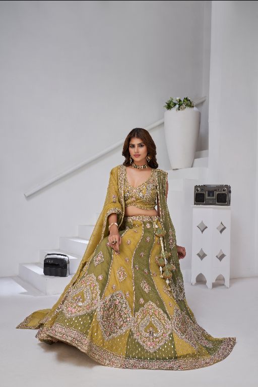Mustard & Green Double Dupatta Lehenga with Intricate Zari and Resham Work
