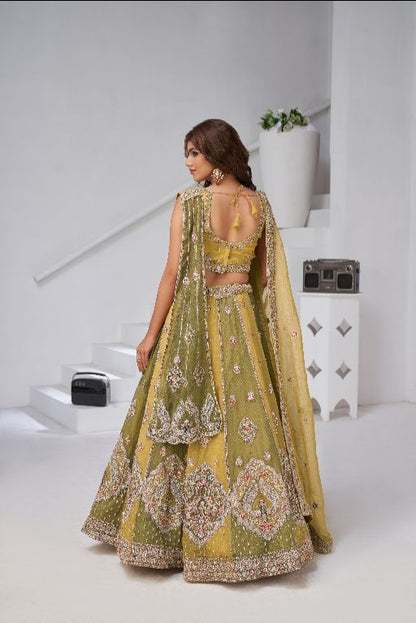 Mustard & Green Double Dupatta Lehenga with Intricate Zari and Resham Work