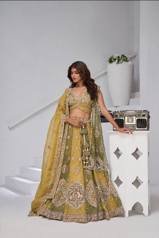 Mustard & Green Double Dupatta Lehenga with Intricate Zari and Resham Work