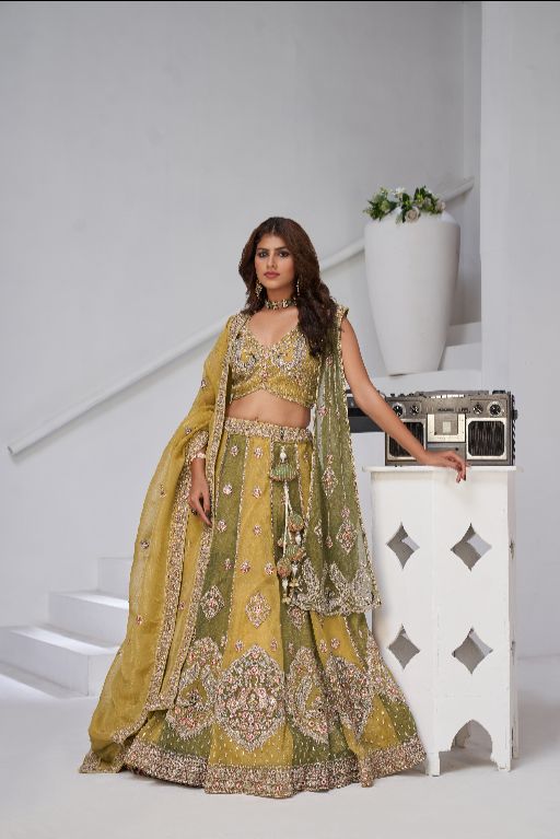 Mustard & Green Double Dupatta Lehenga with Intricate Zari and Resham Work