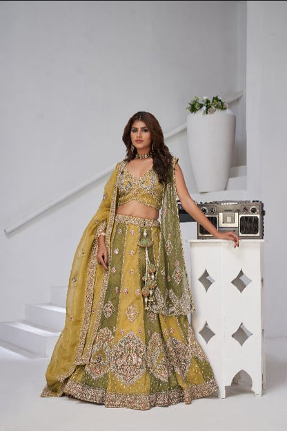 Mustard & Green Double Dupatta Lehenga with Intricate Zari and Resham Work