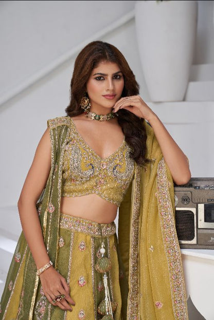 Mustard & Green Double Dupatta Lehenga with Intricate Zari and Resham Work