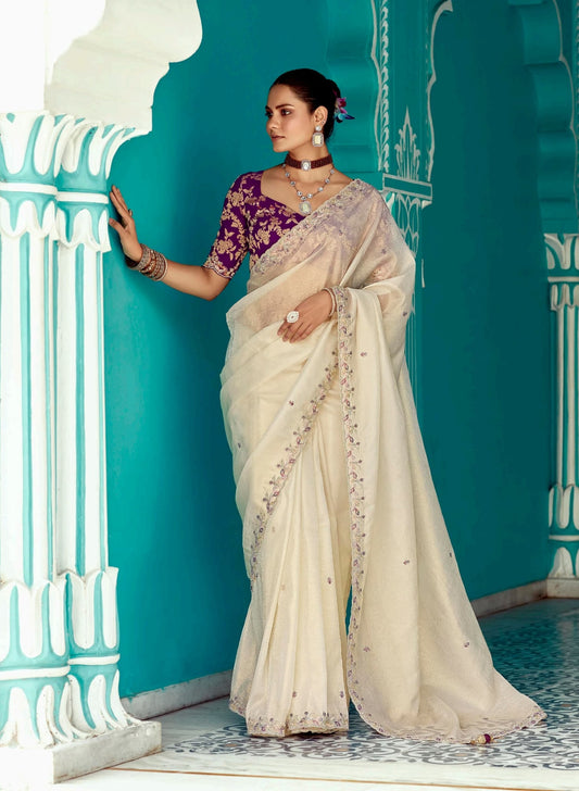 Beige embroidery work saree with jacquard work blouse piece