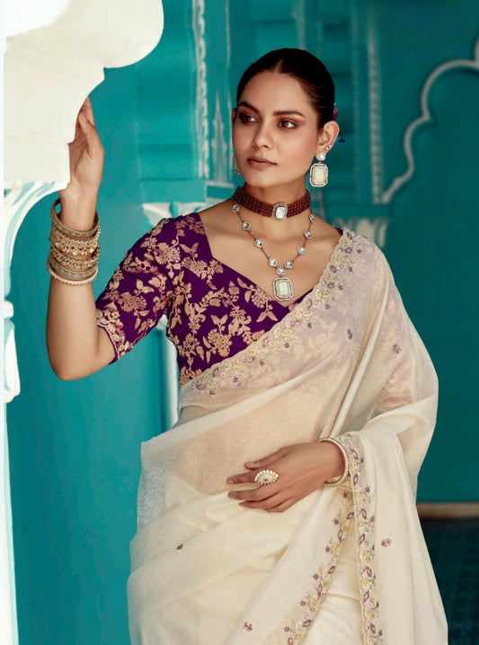 Beige embroidery work saree with jacquard work blouse piece