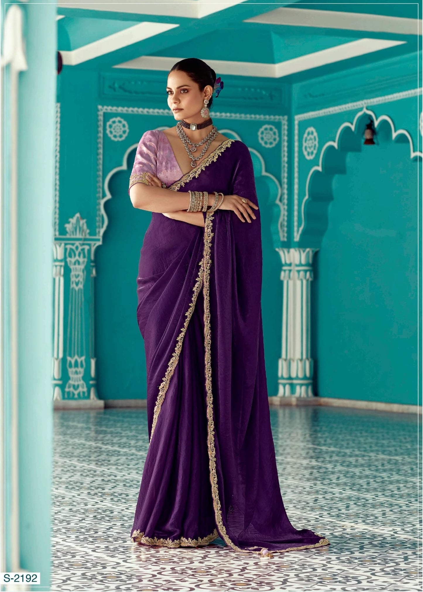 Violet embroidery work saree with jacquard work blouse piece