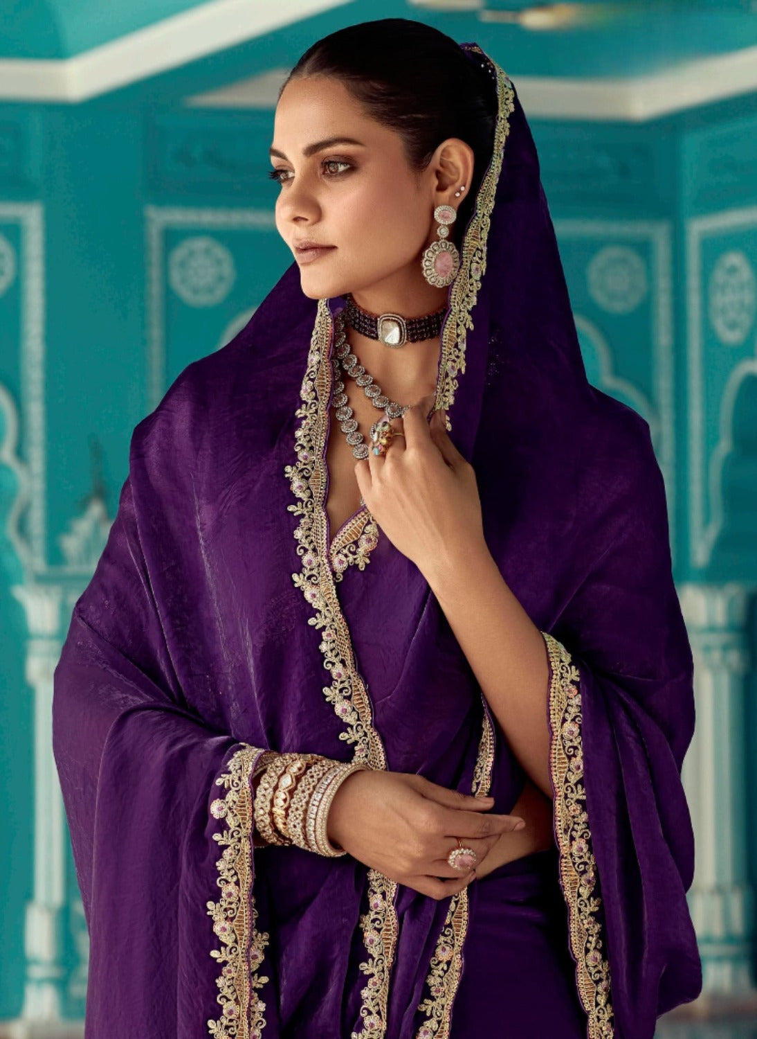 Violet embroidery work saree with jacquard work blouse piece