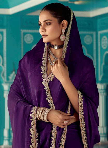Violet embroidery work saree with jacquard work blouse piece