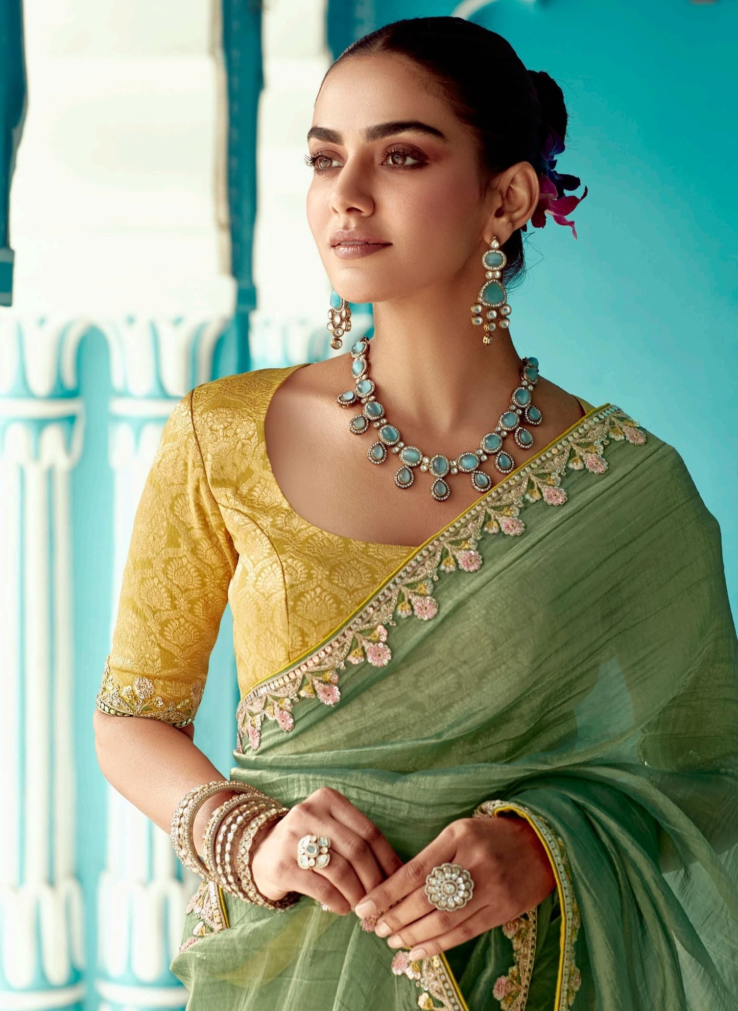 Green embroidery work saree with jacquard work blouse piece