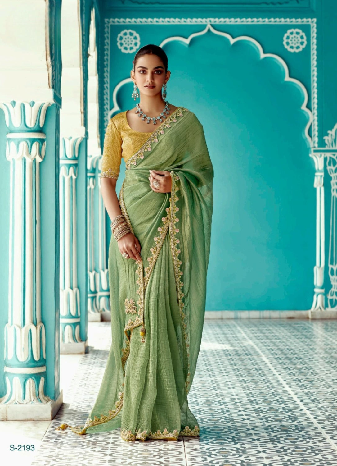 Green embroidery work saree with jacquard work blouse piece
