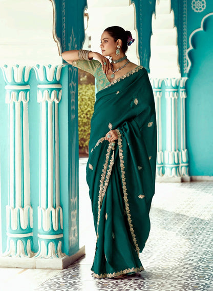Emerald embroidery work saree with jacquard work blouse piece