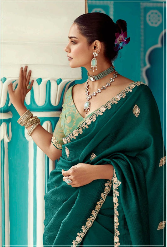 Emerald embroidery work saree with jacquard work blouse piece