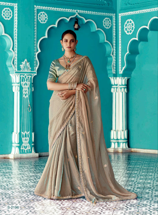Cream embroidery work saree with jacquard work blouse piece