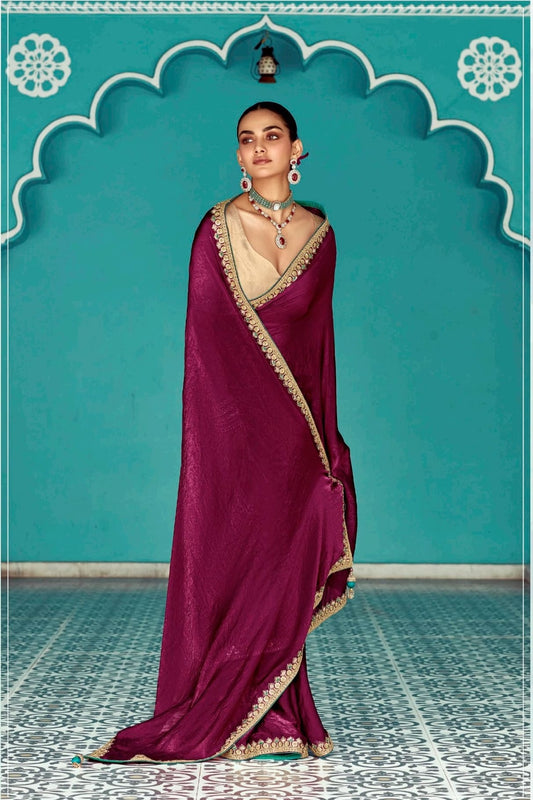 Maroon embroidery work saree with jacquard work blouse piece