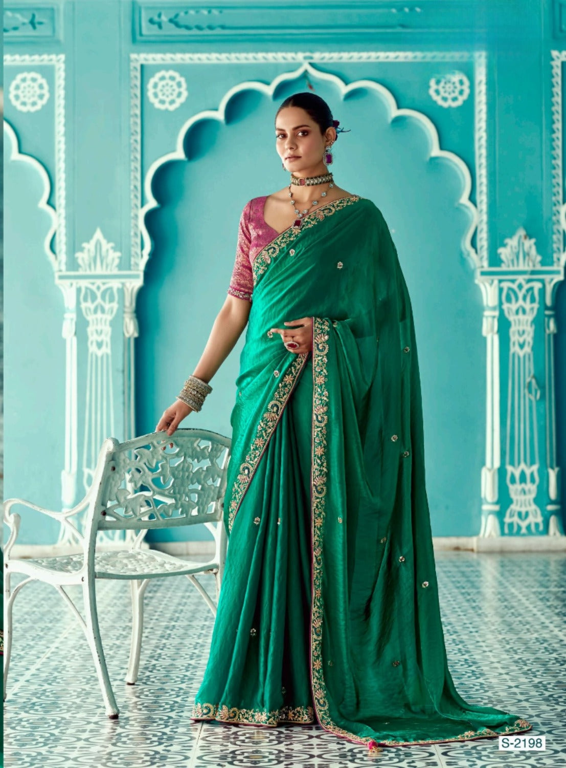Dark Green embroidery work saree with jacquard work blouse piece