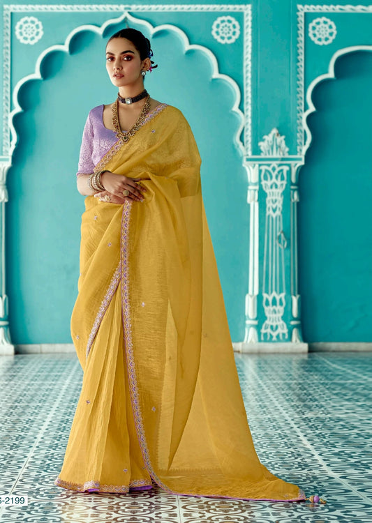 Yellow embroidery work saree with jacquard work blouse piece