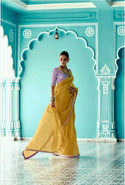 Yellow embroidery work saree with jacquard work blouse piece