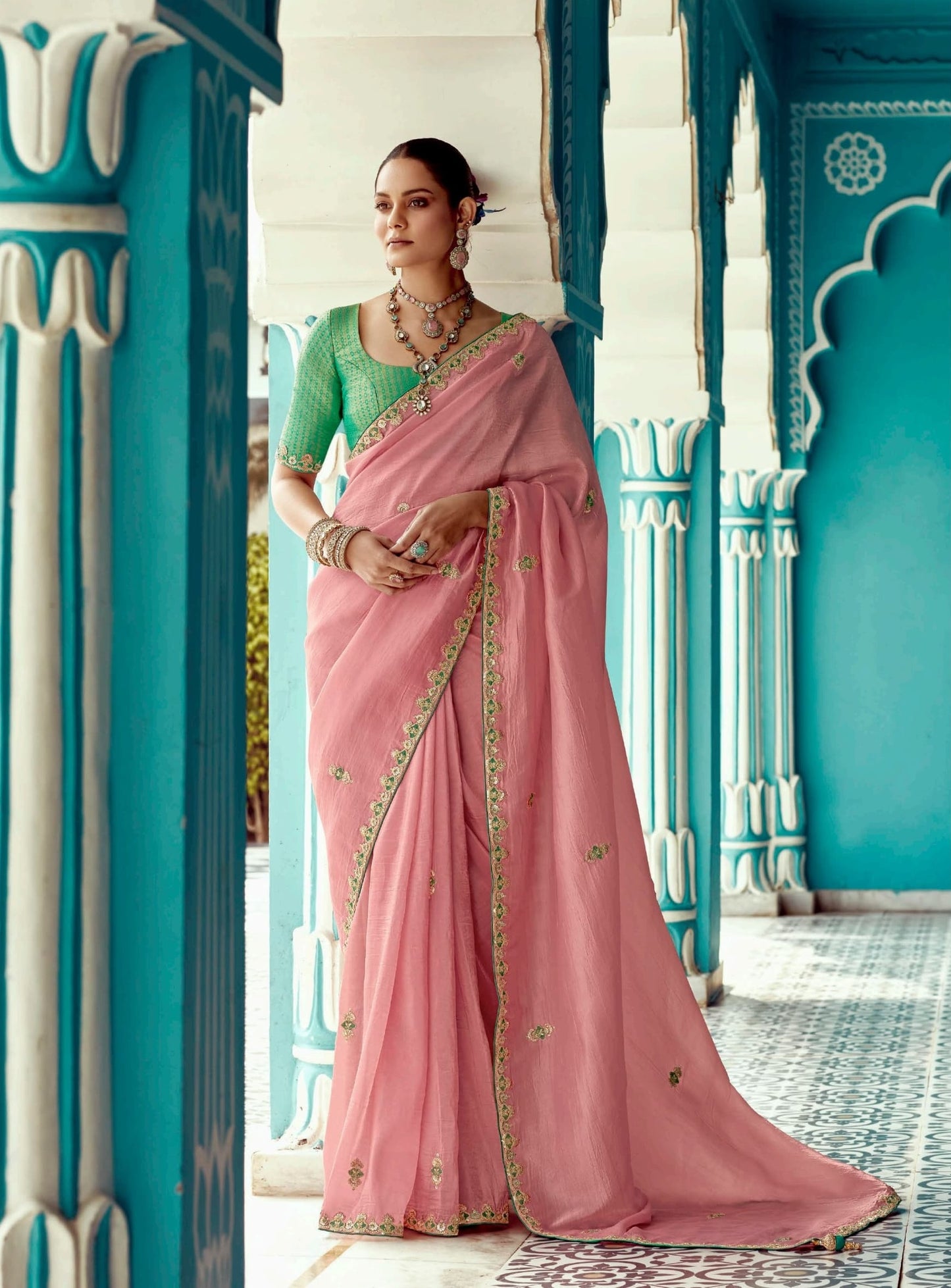 Pink embroidery work saree with jacquard work blouse piece