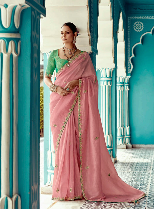 Pink embroidery work saree with jacquard work blouse piece