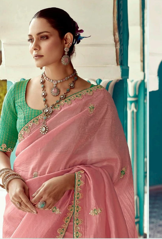 Pink embroidery work saree with jacquard work blouse piece