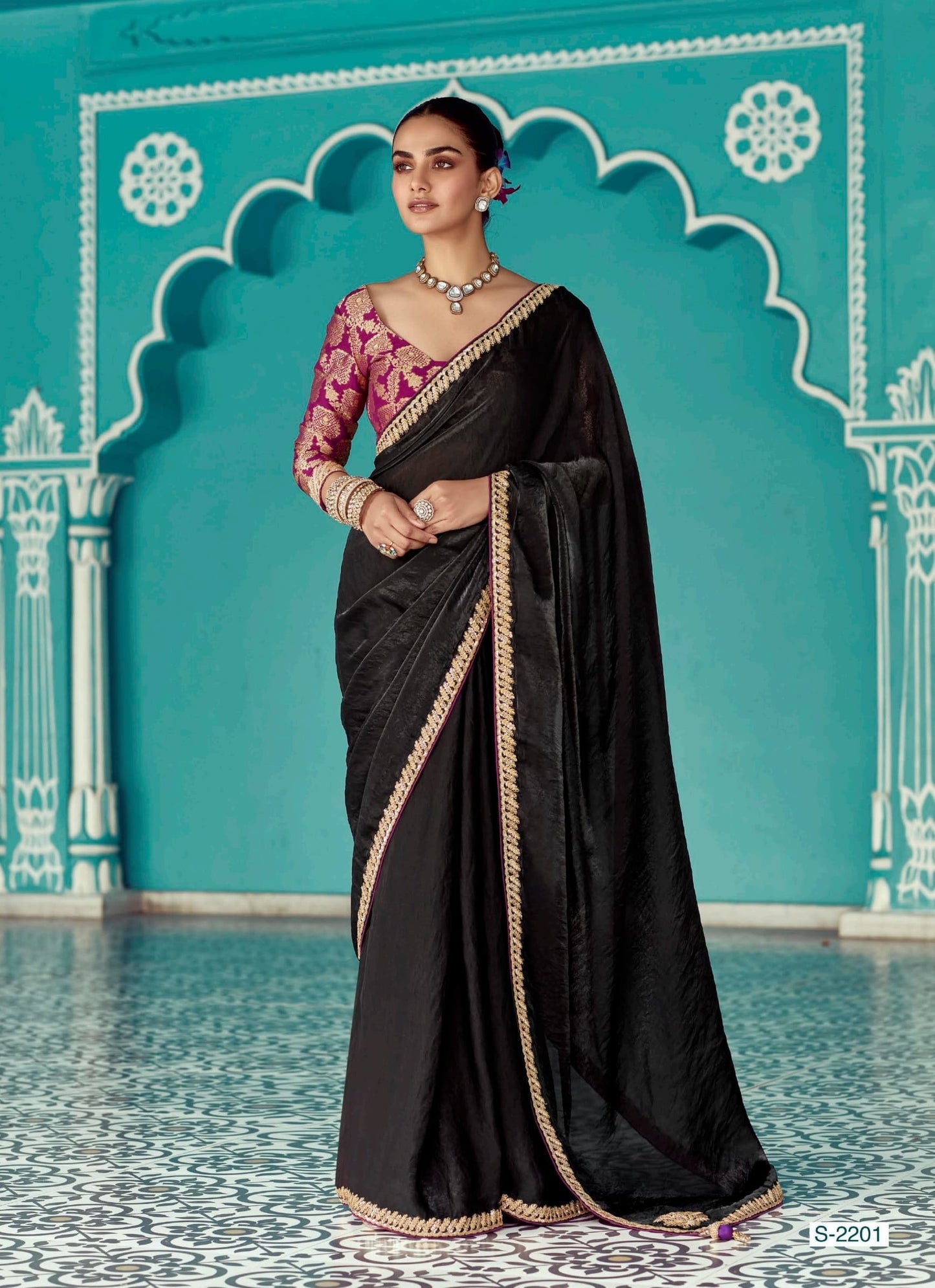 Black embroidery work saree with jacquard work blouse piece