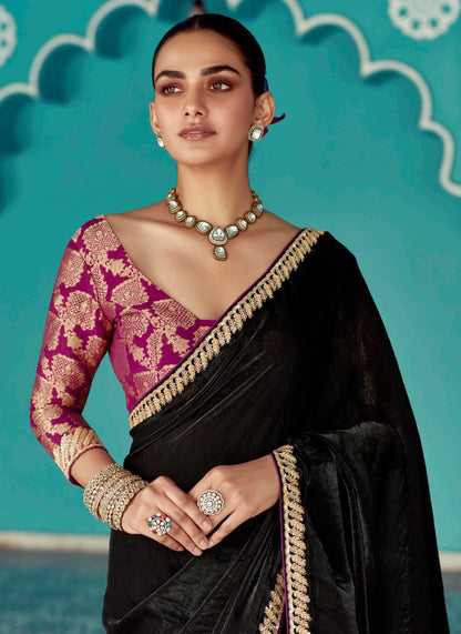Black embroidery work saree with jacquard work blouse piece