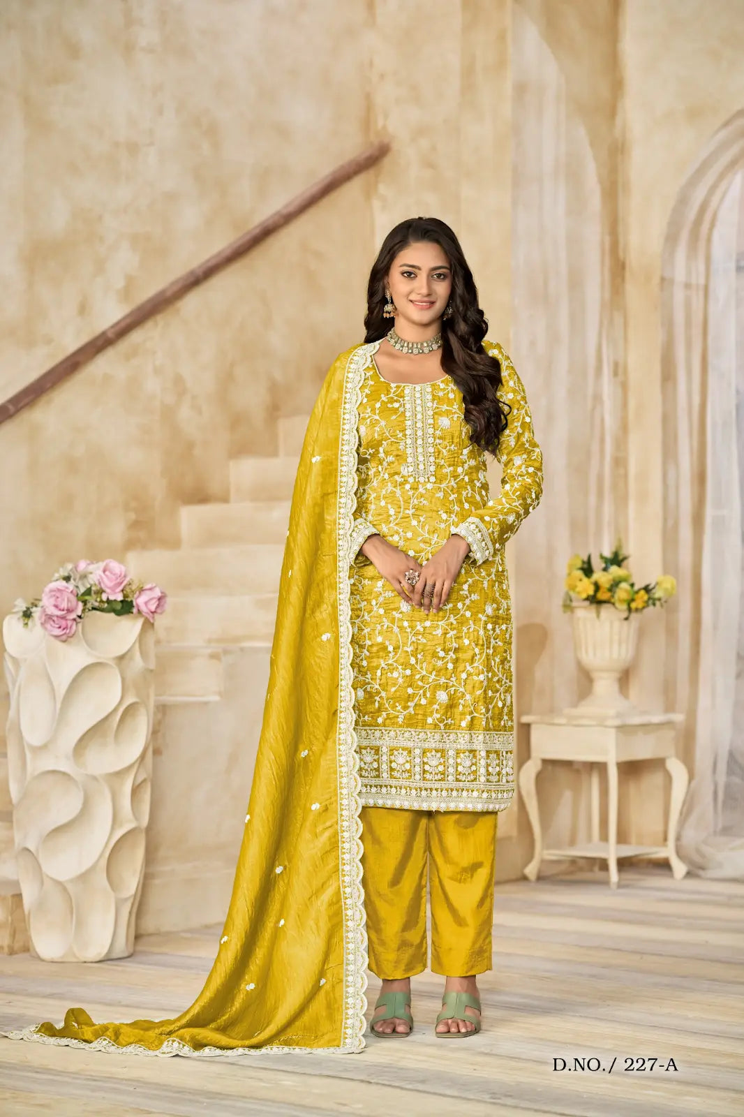 Yellow Organza Crush Semi Stitched Suit with Embroidery Work