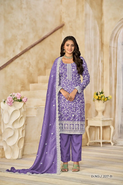 Purple Organza Crush Semi Stitched Suit with Embroidery Work