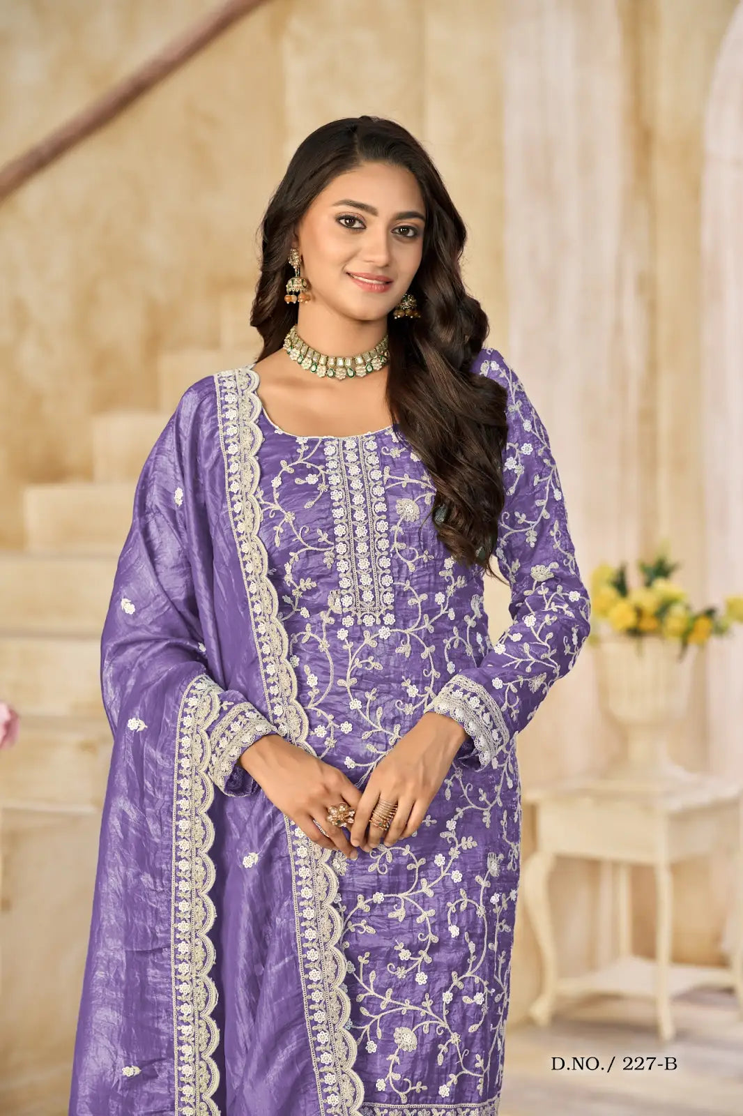 Purple Organza Crush Semi Stitched Suit with Embroidery Work