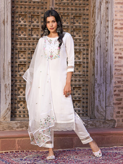 Chanderi fabric embroidered Kurta with silk Lining , Pant and Dupatta set