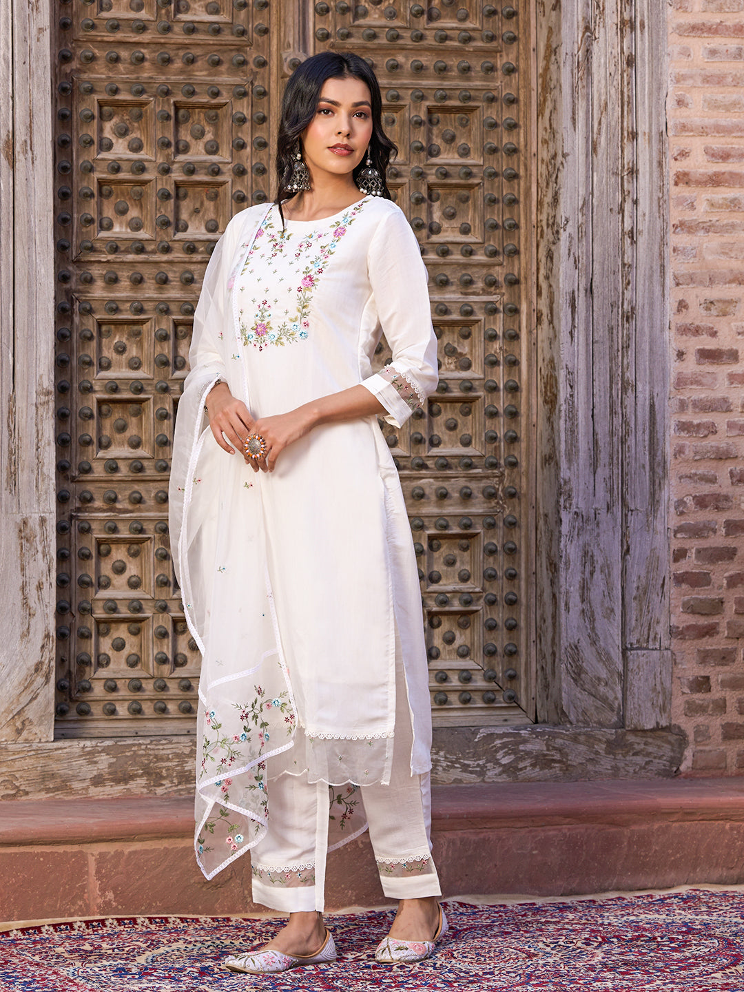 Chanderi fabric embroidered Kurta with silk Lining , Pant and Dupatta set
