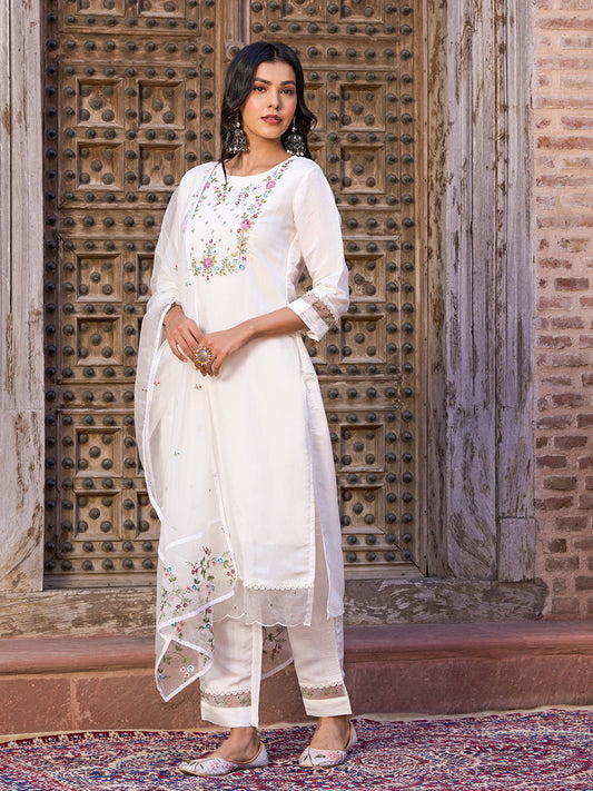 Chanderi fabric embroidered Kurta with silk Lining , Pant and Dupatta set