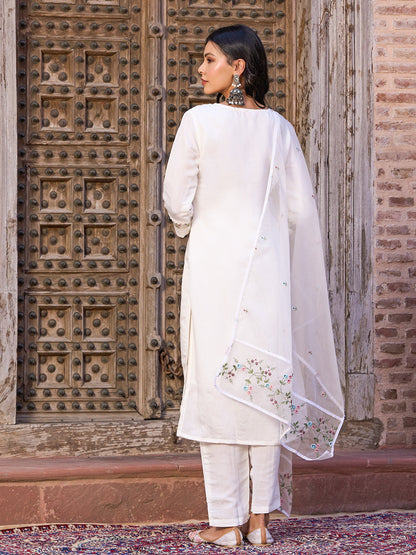 Chanderi fabric embroidered Kurta with silk Lining , Pant and Dupatta set