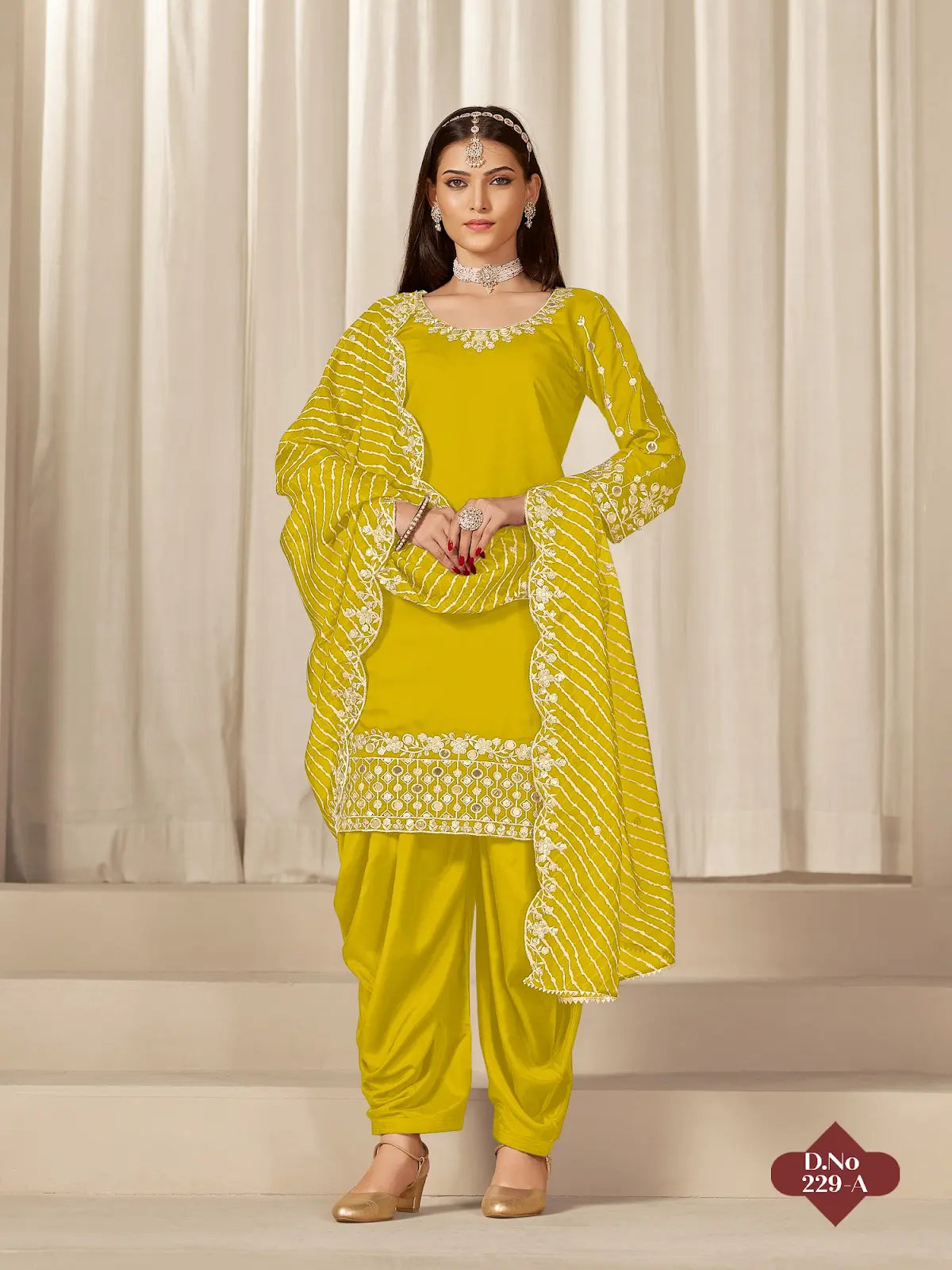 Yellow Roman Silk Semi Stitched Suit with Embroidery & Real Mirror Work