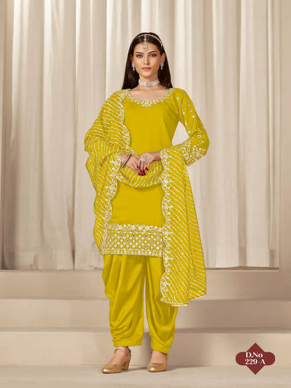 Yellow Roman Silk Semi Stitched Suit with Embroidery & Real Mirror Work