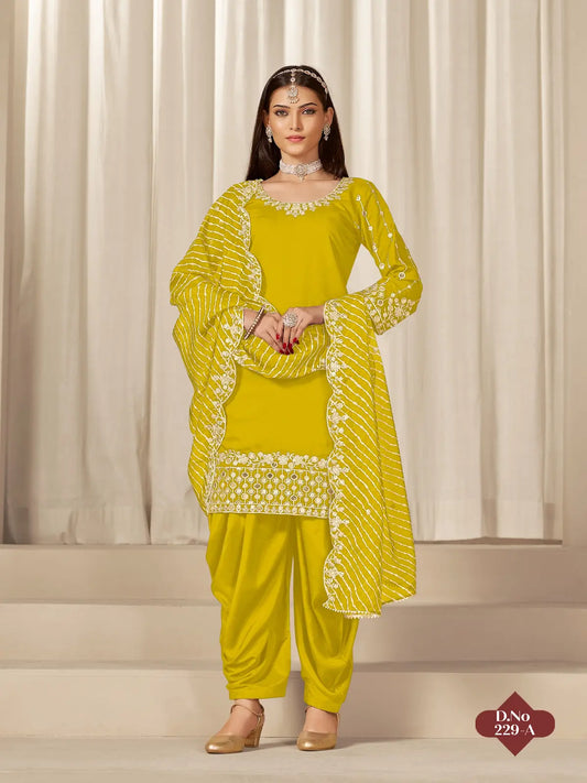 Yellow Roman Silk Semi Stitched Suit with Embroidery & Real Mirror Work