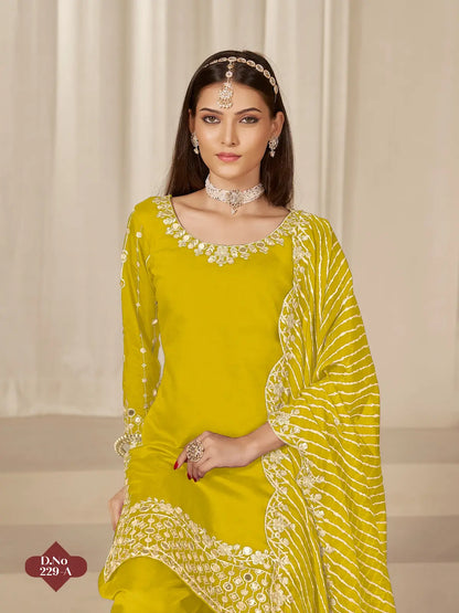 Yellow Roman Silk Semi Stitched Suit with Embroidery & Real Mirror Work