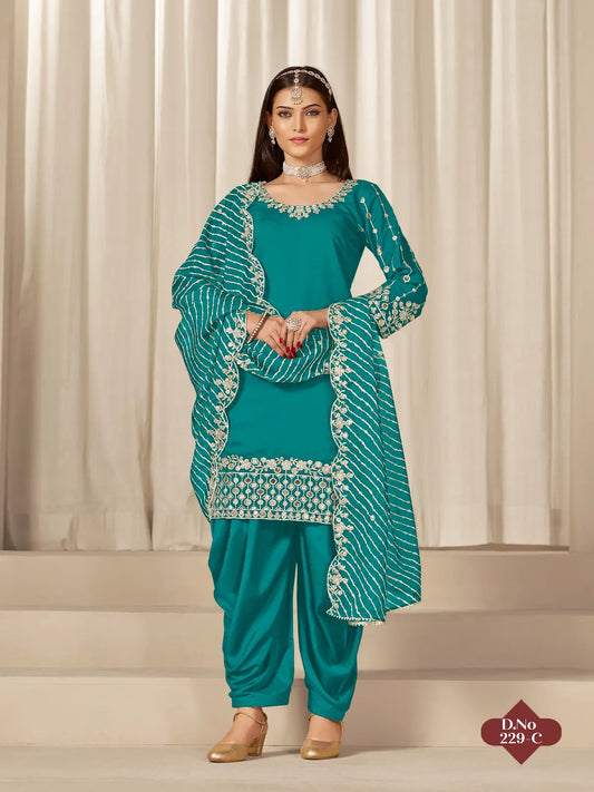 Turquoise Roman Silk Semi Stitched Suit with Embroidery & Real Mirror Work