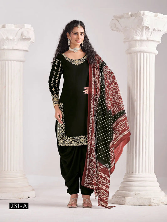 Black Roman Silk Semi Stitched Suit with Embroidery & Real Mirror Work