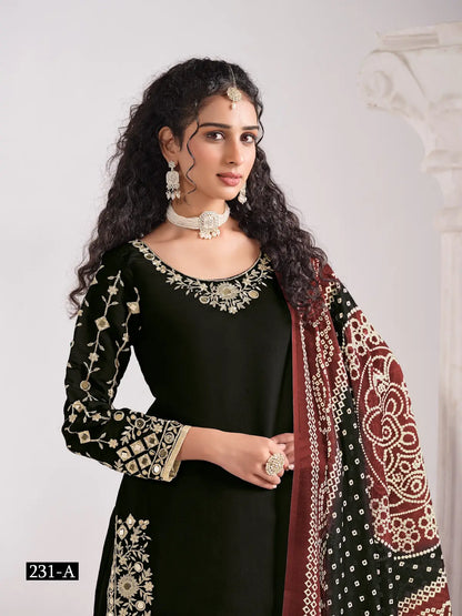 Black Roman Silk Semi Stitched Suit with Embroidery & Real Mirror Work