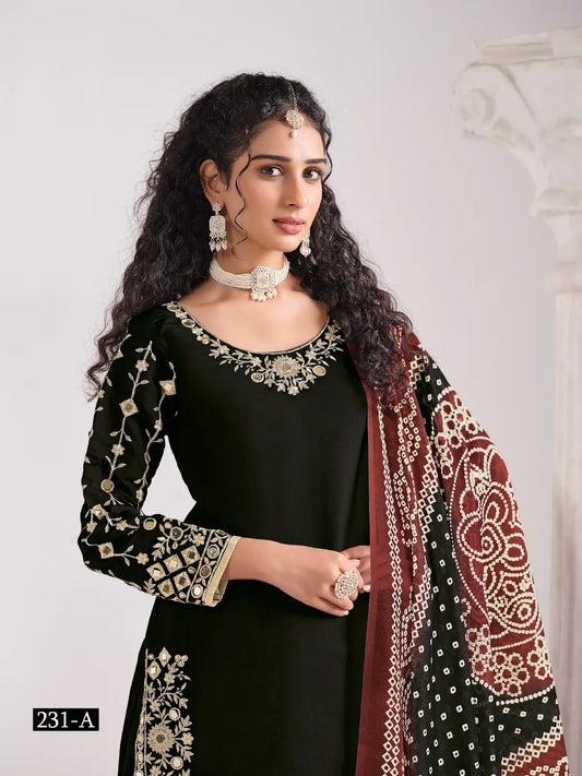 Black Roman Silk Semi Stitched Suit with Embroidery & Real Mirror Work