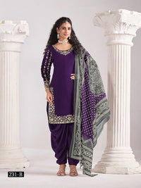 Purple Roman Silk Semi Stitched Suit with Embroidery & Real Mirror Work